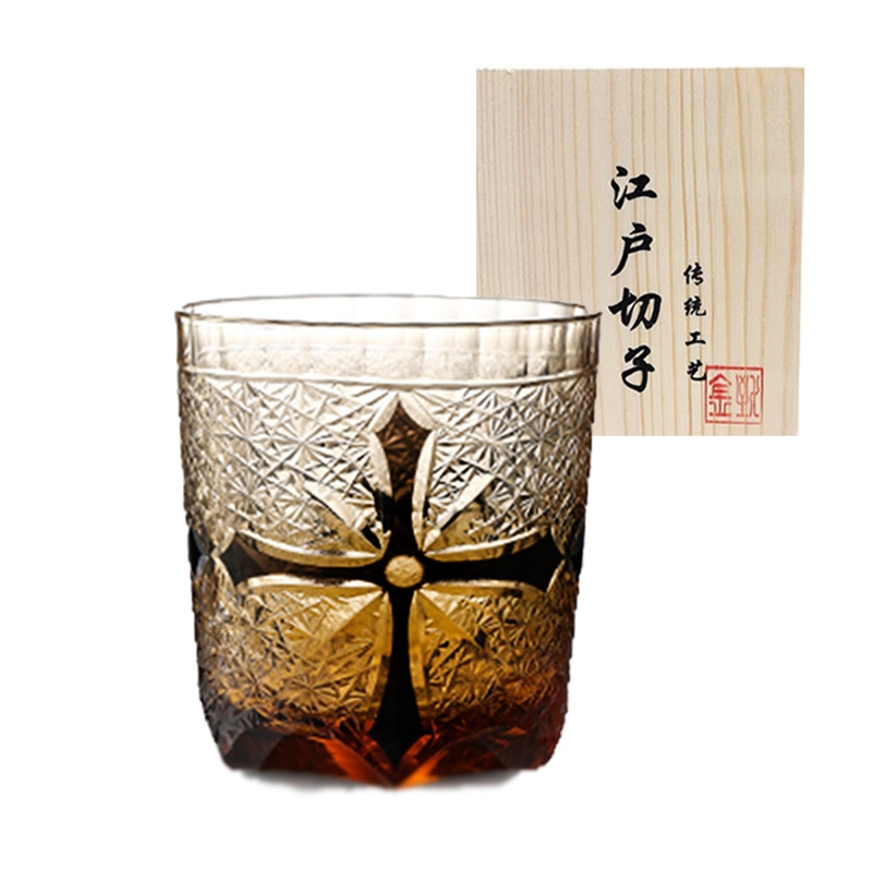 日式江戶切子手工雕刻水晶杯威士忌杯十字架傳統古典洋酒杯送禮|酒杯(新