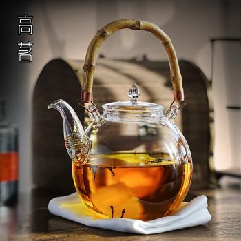 高茗竹節提樑壺高硼矽玻璃茶壺耐熱玻璃壺明火電陶爐900mL燒水壺