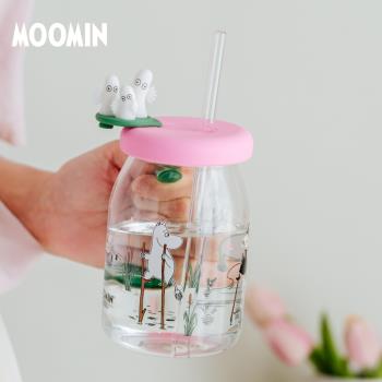 姆明MOOMIN大容量高硼矽玻璃吸管杯帶蓋水杯玻璃杯吸管水杯杯子
