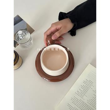 法式簡約撞色咖啡杯碟純色奢華下午茶杯高顏值實心陶瓷杯碟點心碟