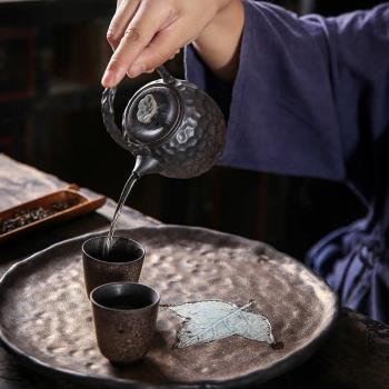 古法手作鎏金粗陶錘紋提樑壺復古陶瓷茶壺功夫茶具小號單壺泡茶器