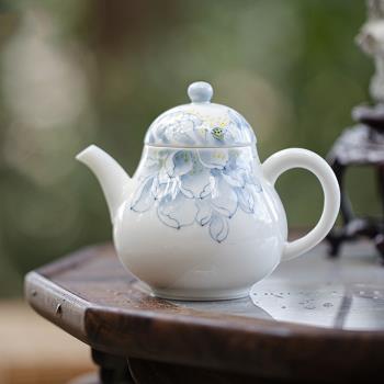 手繪青花蓮花陶瓷茶壺功夫茶具玉泥白瓷家用球孔過濾泡茶壺