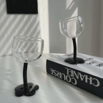 ins可愛歪頭花朵高腳杯水杯中古風創意復古法式香檳杯玻璃杯酒杯