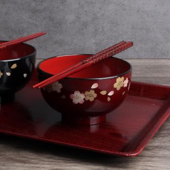 日本進口漆器櫻花對筷對碗紅色託盤一對喜碗結婚婚碗套裝日式餐具