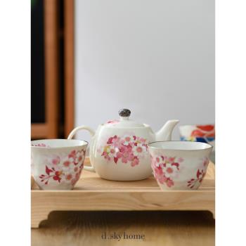 日本進口 日式美濃燒手繪花卉圖案一壺兩杯禮盒茶具套裝 送禮佳品