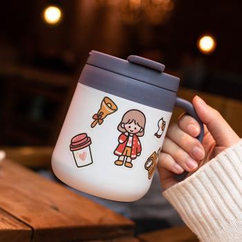 不銹鋼馬克杯咖啡杯保溫杯情侶杯子帶蓋大容量水杯早餐杯可愛少女