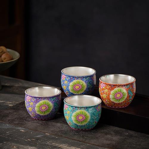 新款網紅鳳尾花琺瑯彩純銀鎏銀茶杯主人杯高端茶杯套裝包銀杯禮品