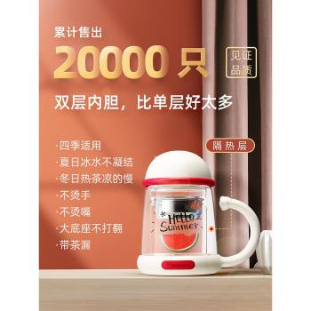 杯具熊玻璃杯雙層帶蓋西瓜芝麻街大聖小丸子kitty貓隔熱花茶杯子