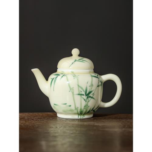 純手繪翠釉綠竹小品茶壺高檔功夫茶具家用泡茶壺陶瓷茶水壺泡茶器