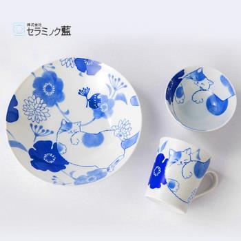 日本CERAMIC悠哉貓陶瓷碗盤家用日式美濃燒餐具套裝可愛貓咪水杯