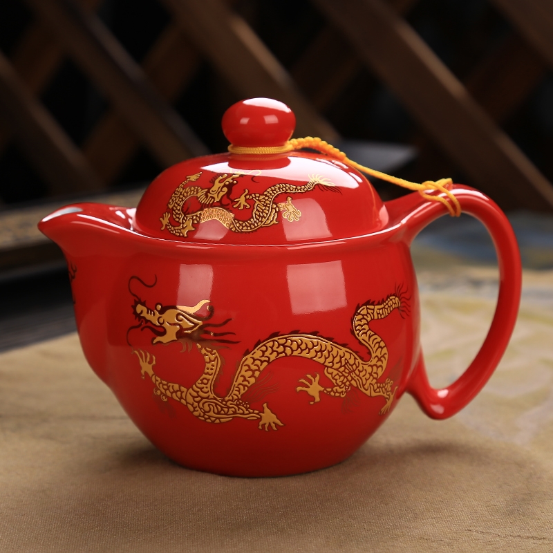 陶瓷復古中國風大號功夫茶具家用傳統中式帶過濾茶壺餐廳龍紋單壺|茶壺