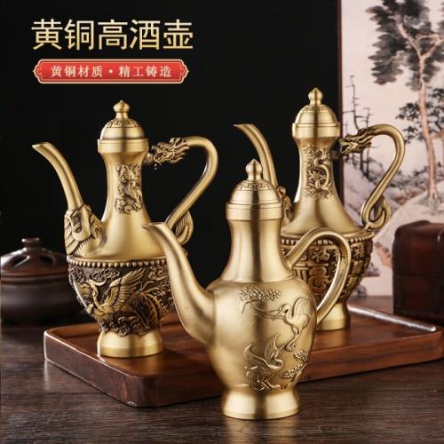 銅器 龍鳳壺 水筒 茶壺 酒壺 工芸品 置物 純黃銅精雕百福高酒壺餐廳宴會婚慶銅器擺件龍鳳手把壺復古銅茶壺|家用