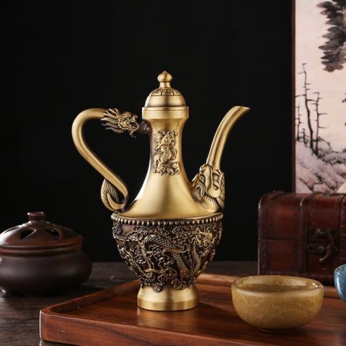 純黃銅精雕百福高酒壺餐廳宴會婚慶銅器擺件龍鳳手把壺復古銅茶壺|家用