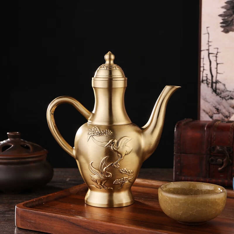 純黃銅精雕百福高酒壺餐廳宴會婚慶銅器擺件龍鳳手把壺復古銅茶壺|家用