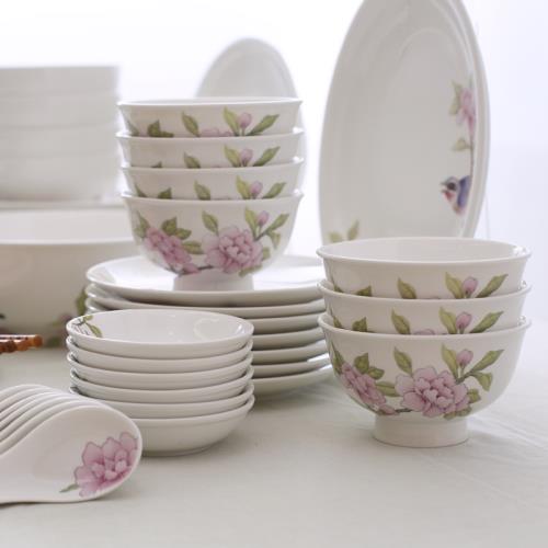 中式家用碗碟套裝28頭花鳥餐具套裝陶瓷深盤湯碗碟筷勺送禮禮盒