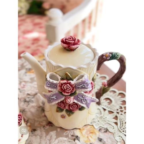 手繪彩瓷柔情玫瑰女生下午茶具咖啡壺杯精致生日禮物家居裝飾瓷器