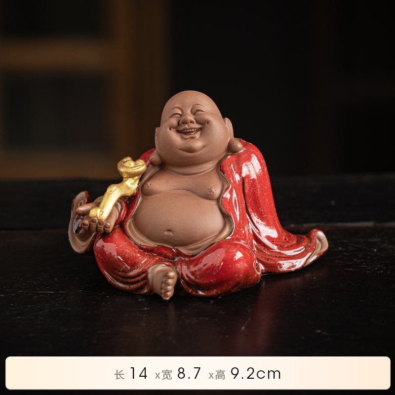 陶瓷招財彌勒佛茶寵擺件客廳茶室紫砂如意元寶大肚笑佛桌面裝飾品|茶寵