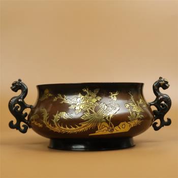 老件純紫銅雕花鎏金精工鳳凰牡丹紋貔貅龍耳香爐擺件重量3605克