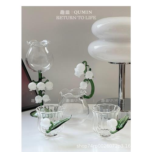 簡約鈴蘭花高腳杯高硼硅玻璃酒杯高顏值泡茶茶水杯品茗杯燭臺禮物