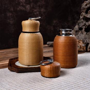 手工竹編茶杯304不銹鋼保溫杯高檔便攜水杯家用熱水瓶泡茶暖水壺