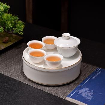 潮州便攜式羊脂玉旅行陶瓷茶盤簡約描金白瓷戶外露營功夫茶具套裝