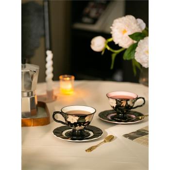中古風黑色法式百合花朵陶瓷咖啡杯碟 下午茶紅茶杯 送禮品禮物