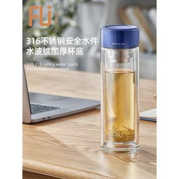 富光FU+男士雙層玻璃杯家用辦公泡茶男士高檔車載水杯父親節禮物
