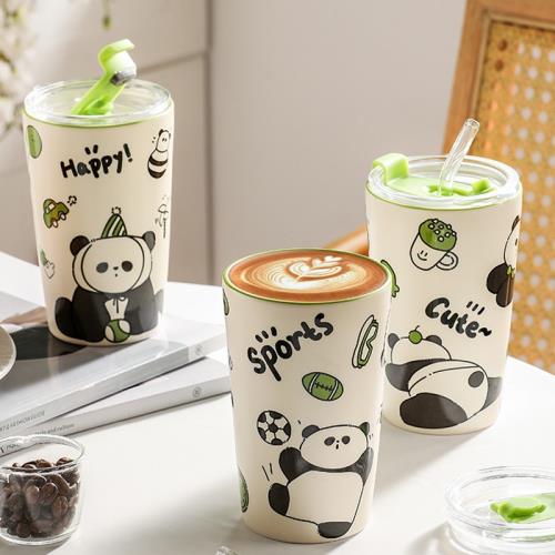 杯子家用喝水杯辦公室呆萌可愛熊貓卡通英文吸管陶瓷杯帶蓋馬克杯