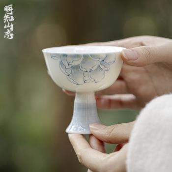 明知山志手繪青花蓮花仿宋高足品茗杯功夫茶具家用主人杯陶瓷茶杯