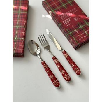 SO義大利品牌聖誕紅色雪花刀叉勺咖啡勺304不銹鋼