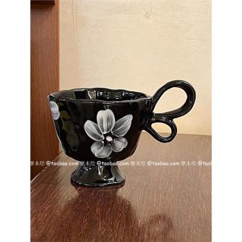 法式復古風蝴蝶結把手高腳杯陶瓷拉花杯馬克杯赫本霧花拿鐵咖啡杯