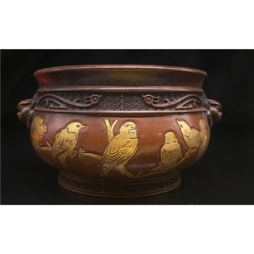 大明正德年制老件純紫銅鏨刻鎏金十二喜花鳥紋香爐擺件重量2443克