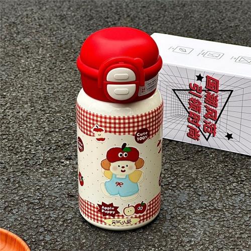 2024新款高顏值保溫杯女生吸管杯子蘋果小狗不銹鋼水杯學生大容量