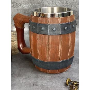 大號德國模擬木桶啤酒杯酒吧扎啤海賊王道具馬克杯復古不銹鋼水杯