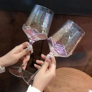 酒杯ins風北歐紅酒杯錘紋描金水晶杯香檳杯高腳杯家用鉆石復古套