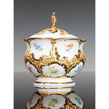 德國MEISSEN 梅森瓷器 B-Form系列 繽紛小花 彩繪描金 糖罐 糖缸