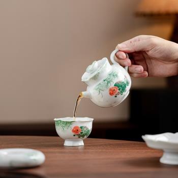 尚器 手繪綠錦鯉花口壺白瓷小清新胖頭魚陶瓷茶壺單個泡茶茶具