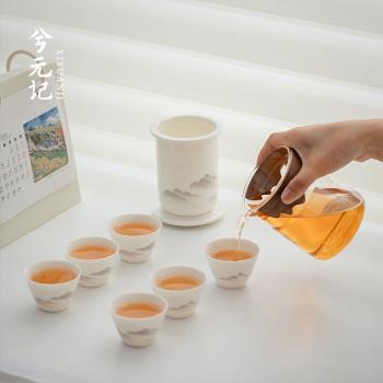 羊脂玉白瓷旅行茶具套裝便攜式戶外功夫泡茶壺玻璃快客杯一壺六杯