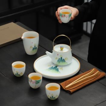 德化白瓷凈荷一壺四杯手繪小提樑壺陶瓷銅把中式果盤茶杯旅行茶具