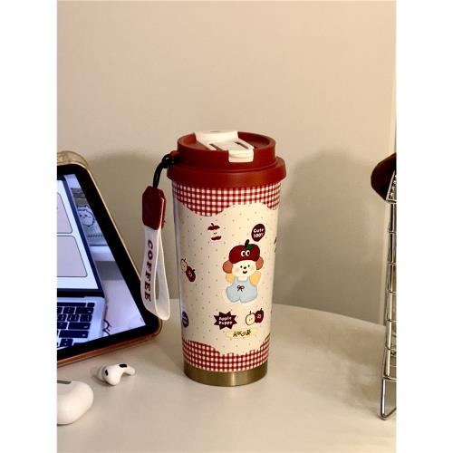 吸管水杯保溫杯2024新款女高顏值隨行咖啡雙飲杯子辦公室蘋果小狗