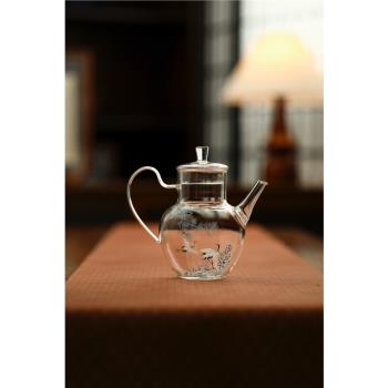 雲澗｜松鶴紋玻璃耐溫茶壺過濾高階品茗泡茶器家用仿古新中式執壺