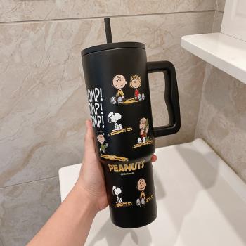 史努比巨無霸保溫杯女生大容量吸管水杯帶把手高顏值保冷冰霸杯男