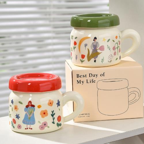 杯子家用喝水杯辦公室宿舍ins簡約清新花草女孩陶瓷杯帶蓋馬克杯