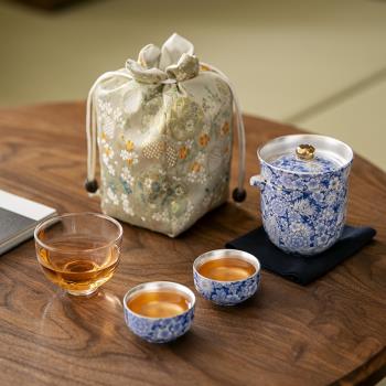 琺瑯彩陶瓷戶外便攜式旅行茶具套裝露營旅遊一壺三杯國朝快客杯