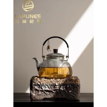 Lapunes粗陶鎏金電陶爐玻璃煮茶壺燒水壺套裝復古高階家用煮茶器