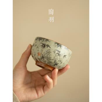 仿宋汝窯墨竹銅心杯陶瓷主人杯單杯功夫茶具家用大號品茗杯喝茶杯