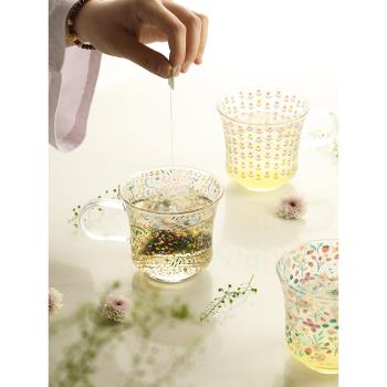 藍蓮花家居復古水杯高硼矽玻璃馬克杯碎花帶把手杯子家用好看茶杯