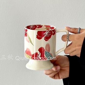 三秋Sanq中古風蝴蝶蘭陶瓷馬克杯大容量水杯拿鐵杯咖啡杯小眾禮物