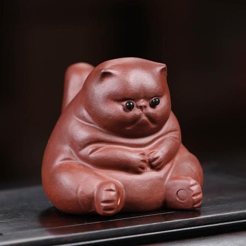 肥嘟嘟可愛生氣貓宜興紫砂茶寵雕塑招財貓精品茶具可養手工小擺件|茶寵
