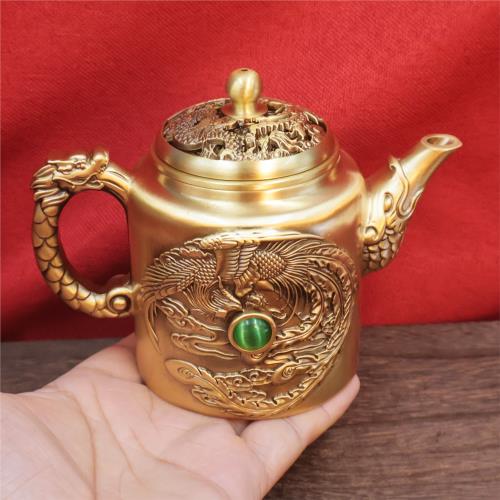 黃銅龍鳳茶壺浮雕創意茶具家居辦公會客茶幾裝飾桌面擺件銅工藝品|茶壺